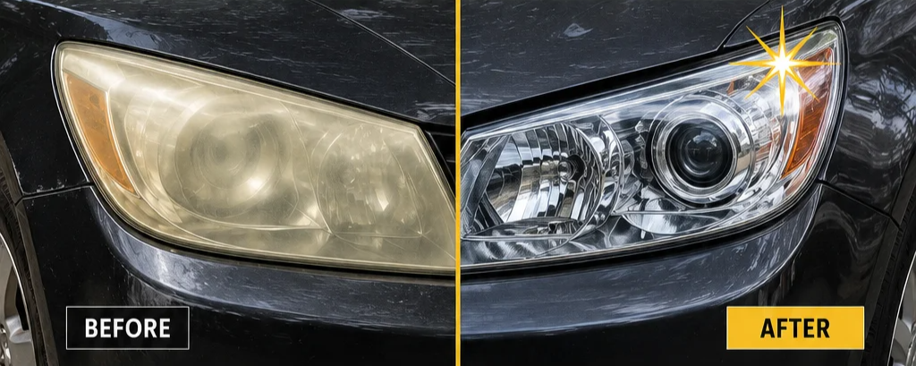 Sedan headlight before and after restoration