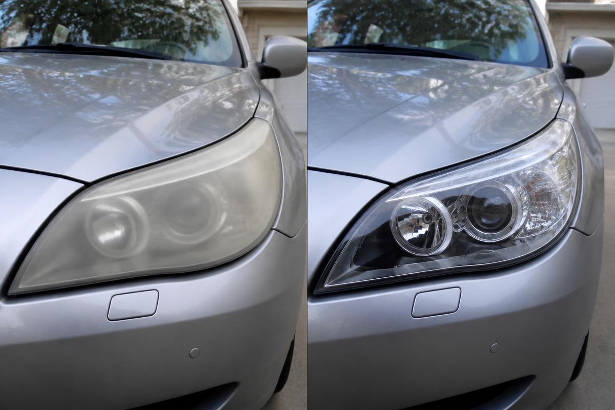 SUV headlight before and after restoration
