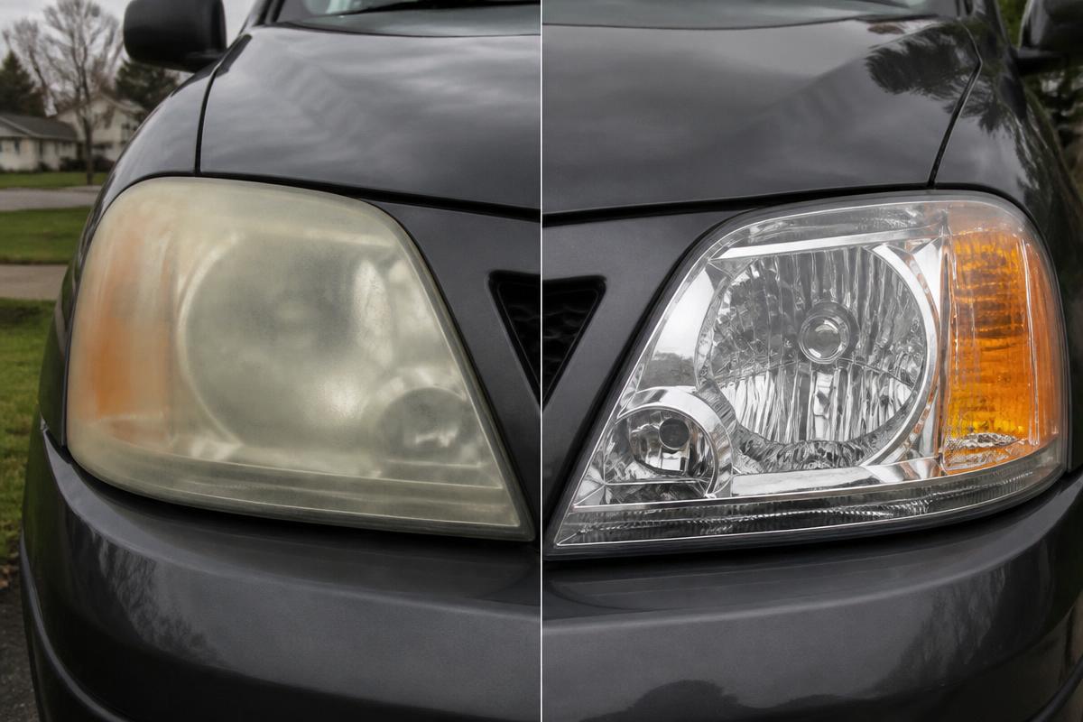 Coupe headlight before and after restoration